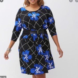 Lane Bryant Blue/Black Floral Belted Dress 18/20